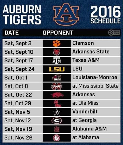 Auburn Football Schedule 2016 Printable